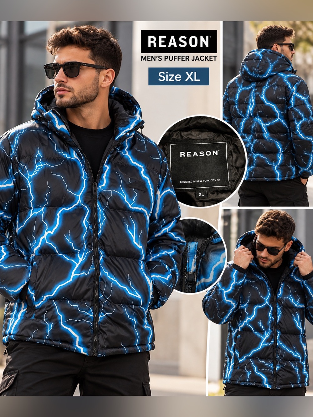 REASON Black Puffer Jacket with Electric Blue Lightning Print Sz XL like new